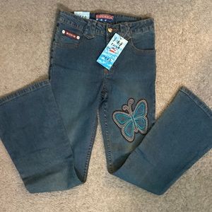 y2k flared jeans with butterfly embroidery